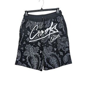 Crooks & Castles Mens M Shorts Bandana Logo Script French Terry Sweat Black